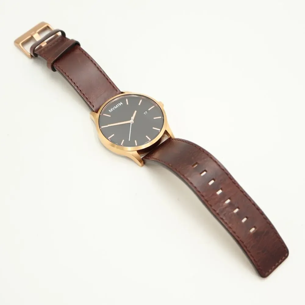 MVMT Mens Classic 45mm Black Date Watch Brown Leather Strap w New Battery